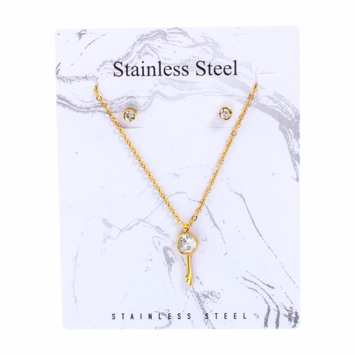 Juego De Bisutería De Collar Y Aretes Con Dije De Llave Con Piedrita STAINLESS STEEL X 3 Uds