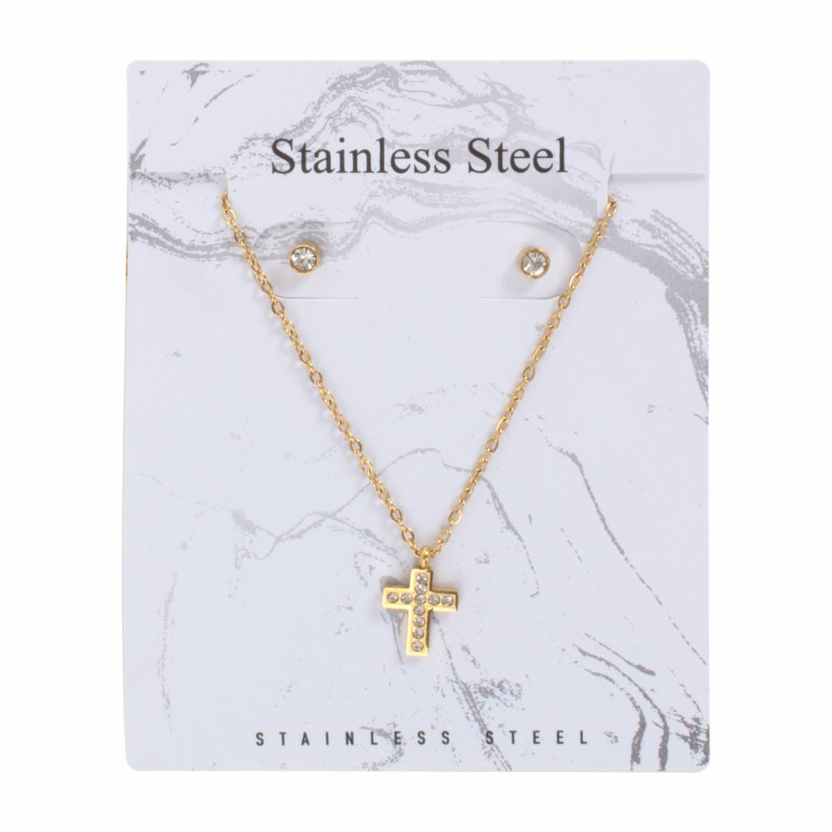 Juego De Bisutería De Collar Y Aretes Con Dije De Cruz STAINLESS STEEL X 3 Uds