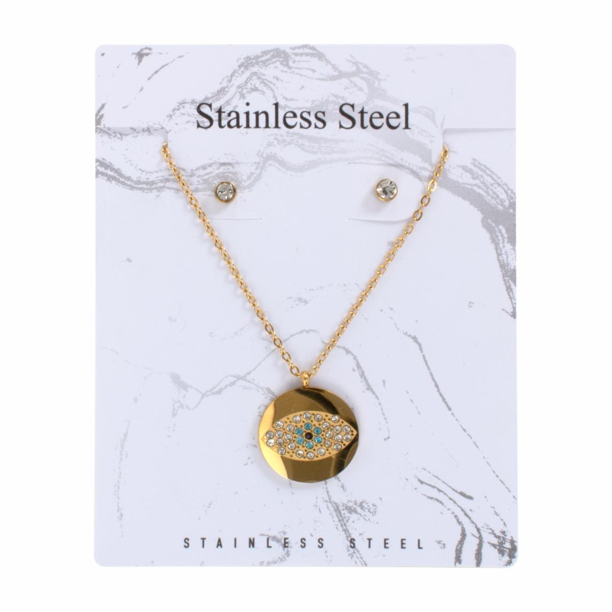 Juego De Bisutería De Collar Y Aretes Con Dije De Ojo STAINLESS STEEL X 3 Uds