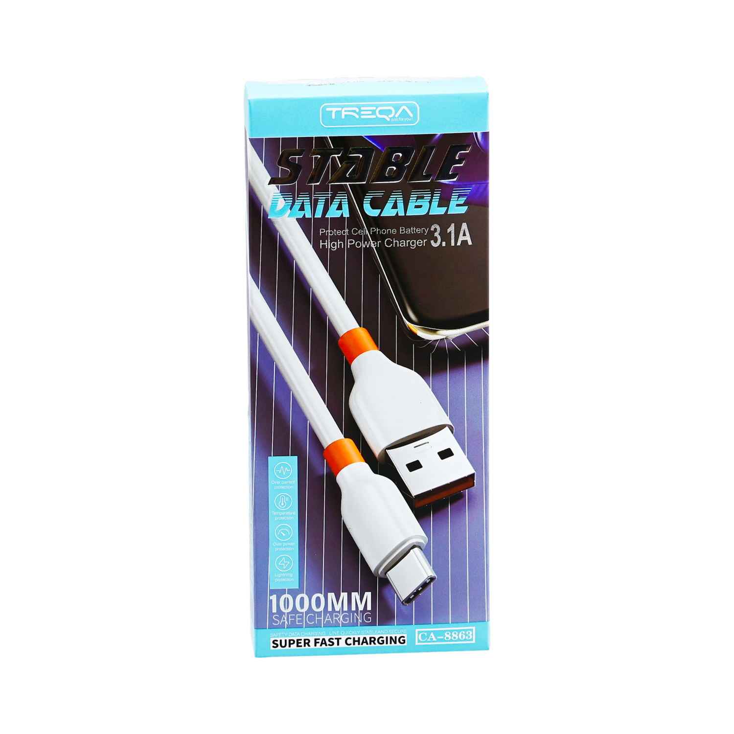 Cable De Carga Y Datos Usb-C A USB-A Blanco Con Celeste TREQA 1 Metro