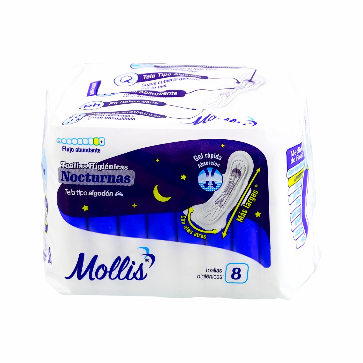 Toalla Higiénica Nocturna Tela Tipo Algodón Flujo Abundante MOLLIS X 8 Uds