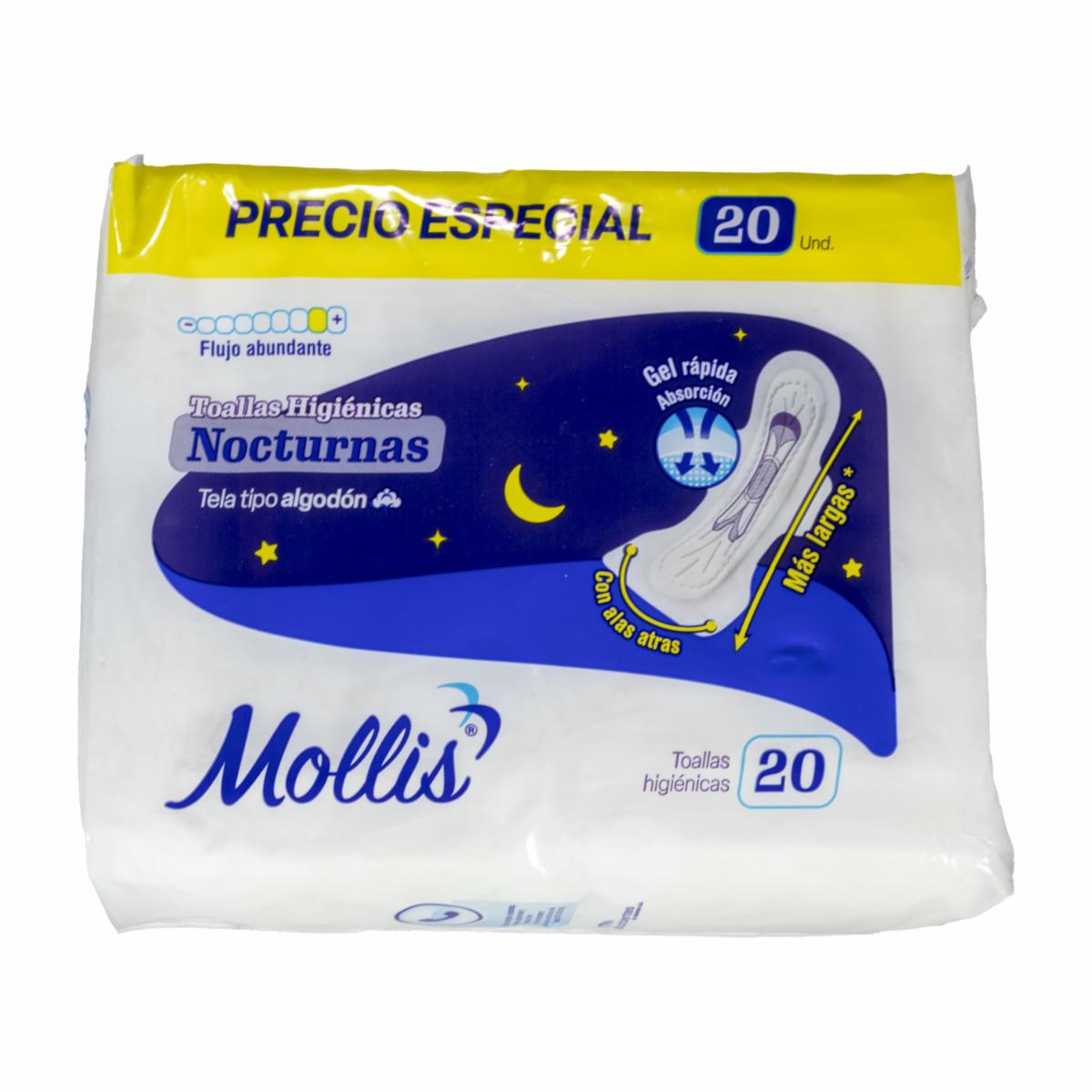 Toalla Higiénica Nocturna Tela Tipo Algodón Flujo Abundante MOLLIS X 20 Uds