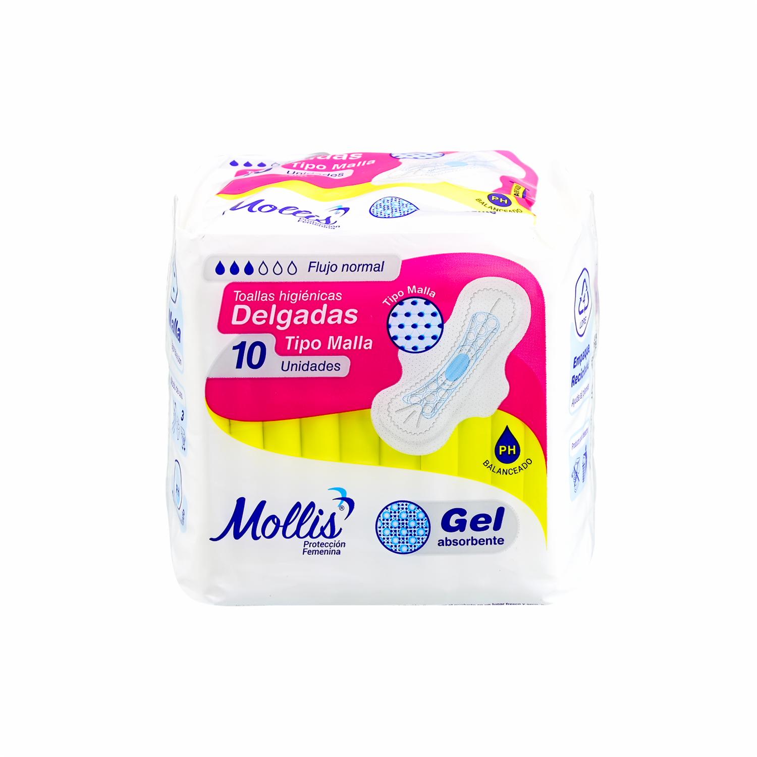 Toalla Higiénica Delgada Tela Tipo Malla Flujo Normal MOLLIS X 10 Uds