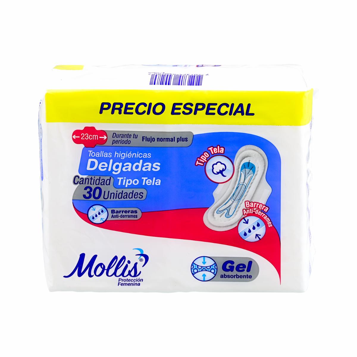Toalla Higiénica Delgada Tipo Tela Flujo Normal Plus 23 Cm MOLLIS X 30 Uds