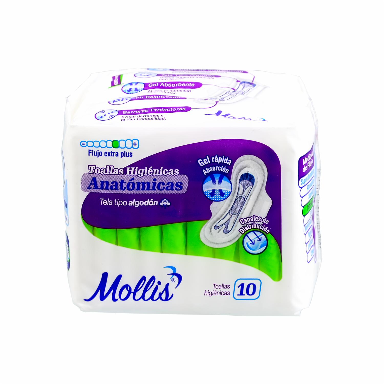 Toalla Higiénica Anatómica Tela Tipo Algodón Flujo Extra Plus MOLLIS X 10 Uds