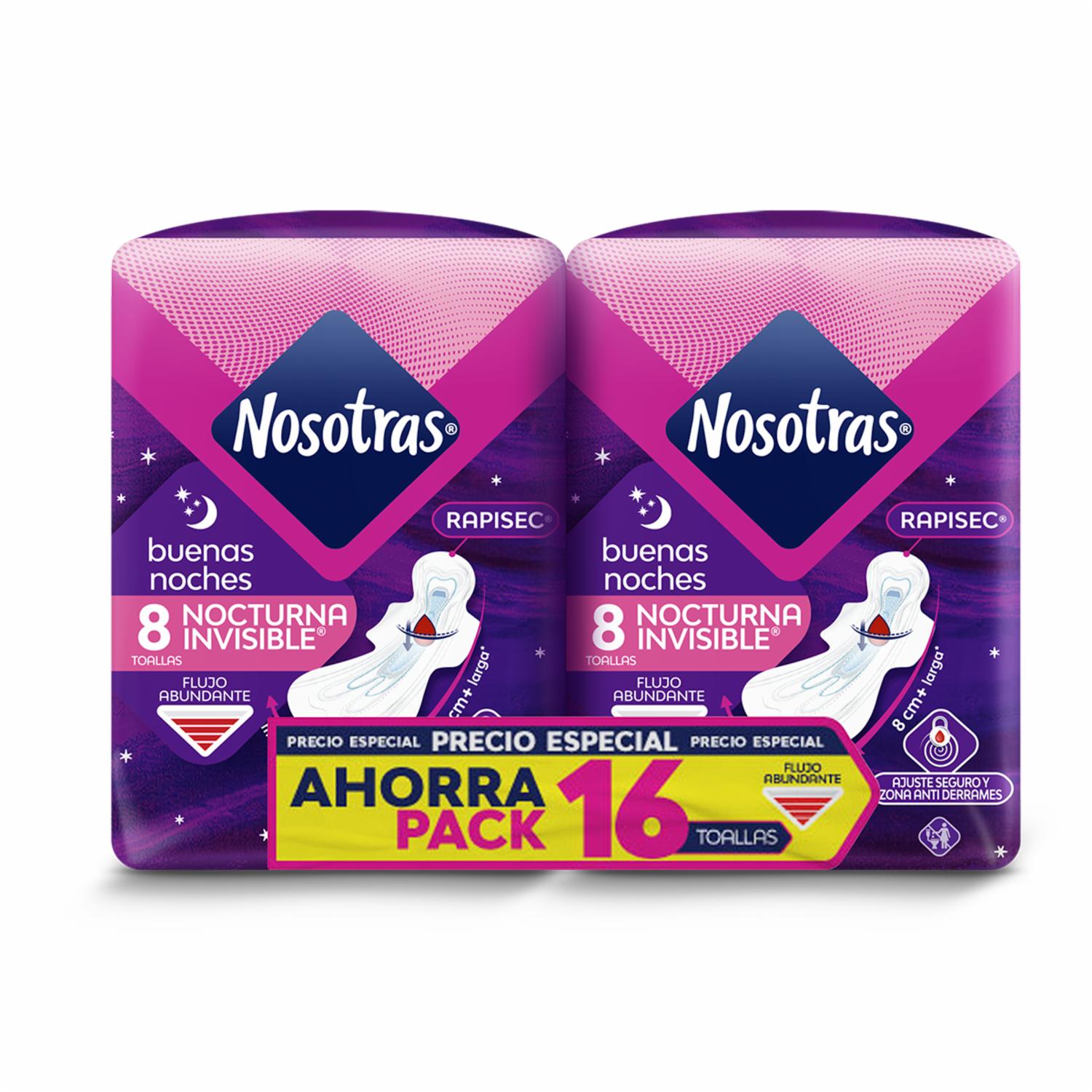 Toallas Sanitarias Pack Buenas Noches Invisible 2X8 U Precio Especial. NOSOTRAS 1 X 16 Unidades