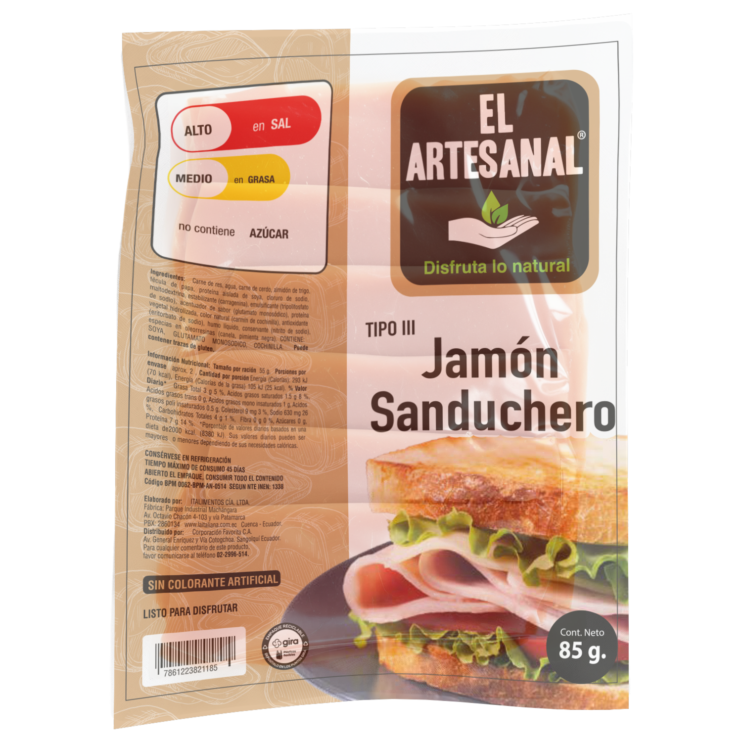 Jamón Sanduchero Tipo III EL ARTESANAL 85 G