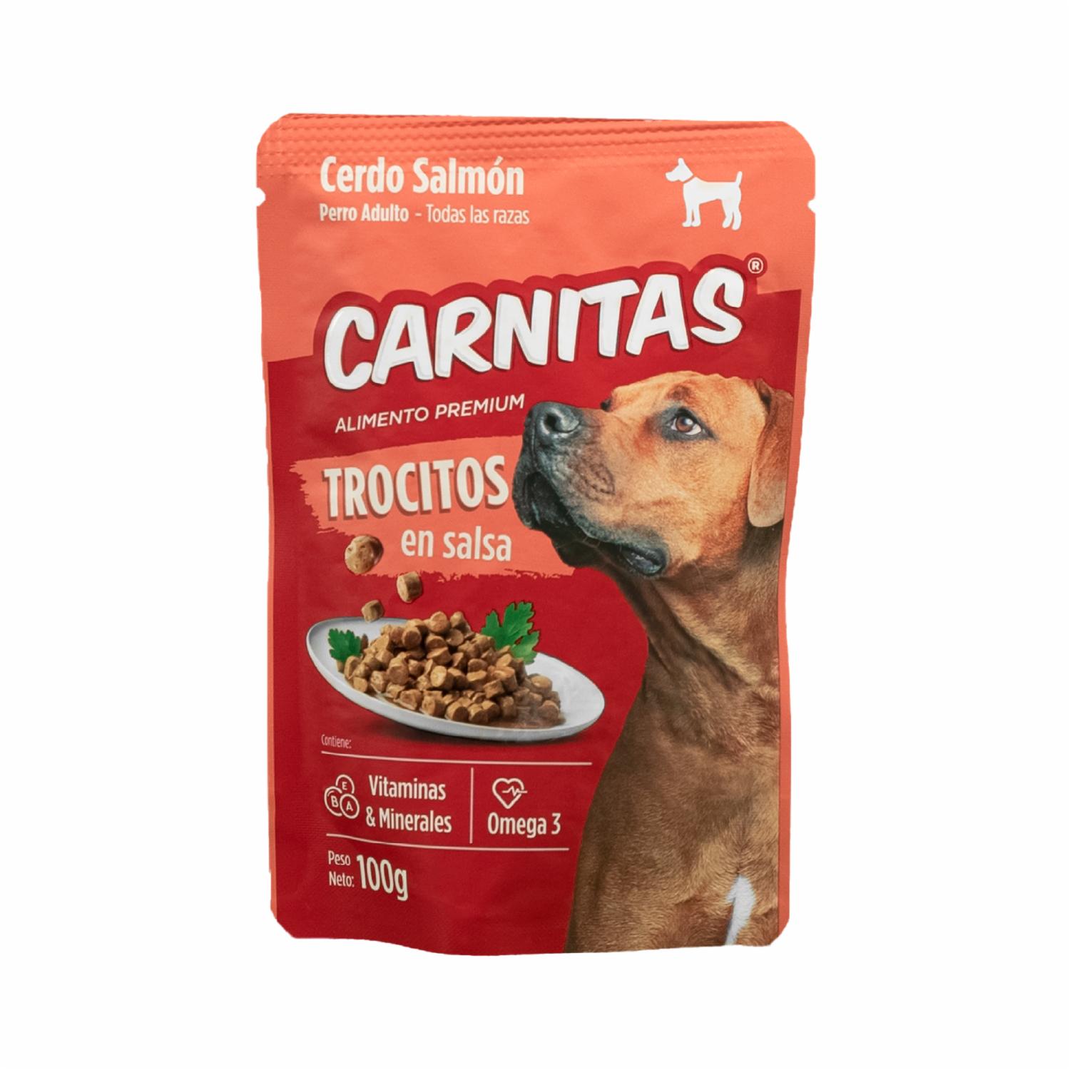 Alimento Húmedo Para Perros Adultos Todas Las Razas Trocitos En Salsa Cerdo Y Salmón CARNITAS 100 G
