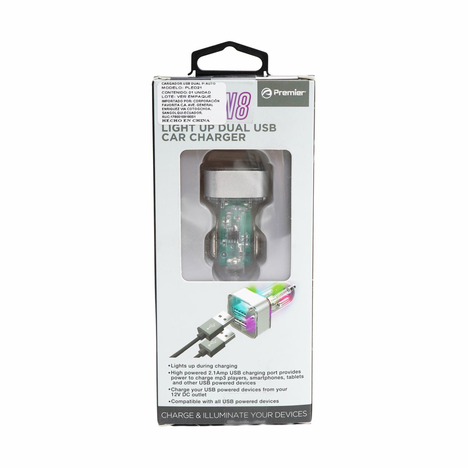 Cargador Para Auto Dual Usb Con Iluminación Lumen 8 PREMIER 2,1 A