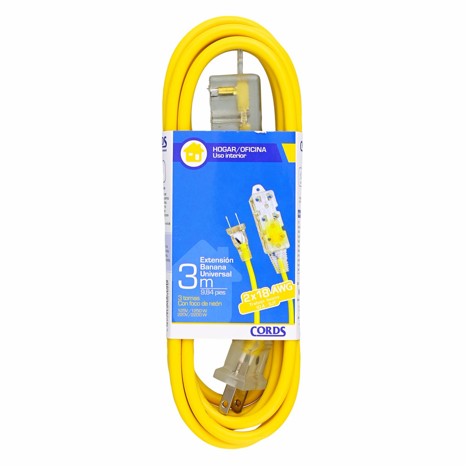 Extensión Eléctrica Amarilla  3 Tomas 2×18 AWG CORDS 3 Metros