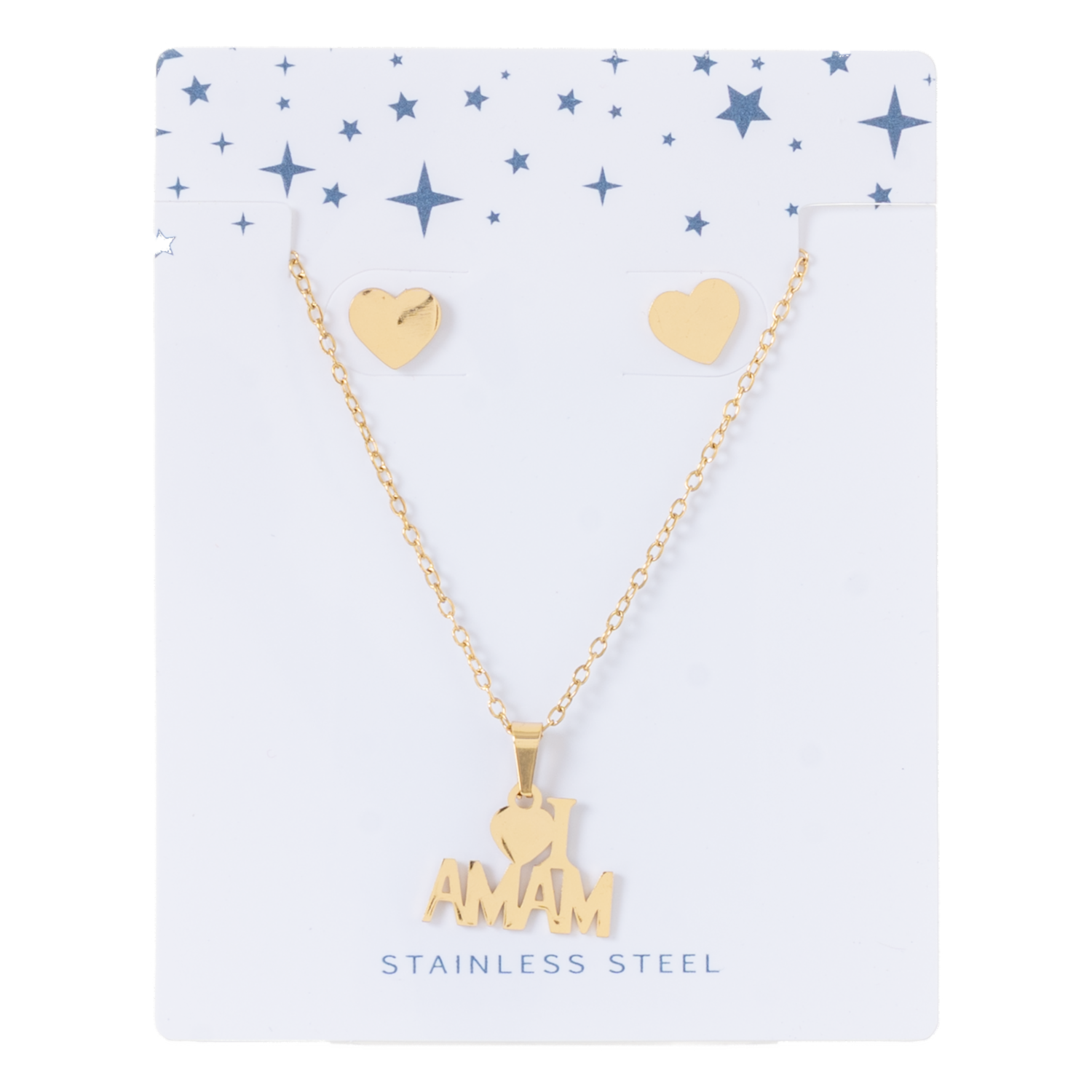 Juego De Bisutería Cadena Y Aretes Acero Inoxidable Diseño I Love Mamá Dorado TECNO STEEL 3 Piezas