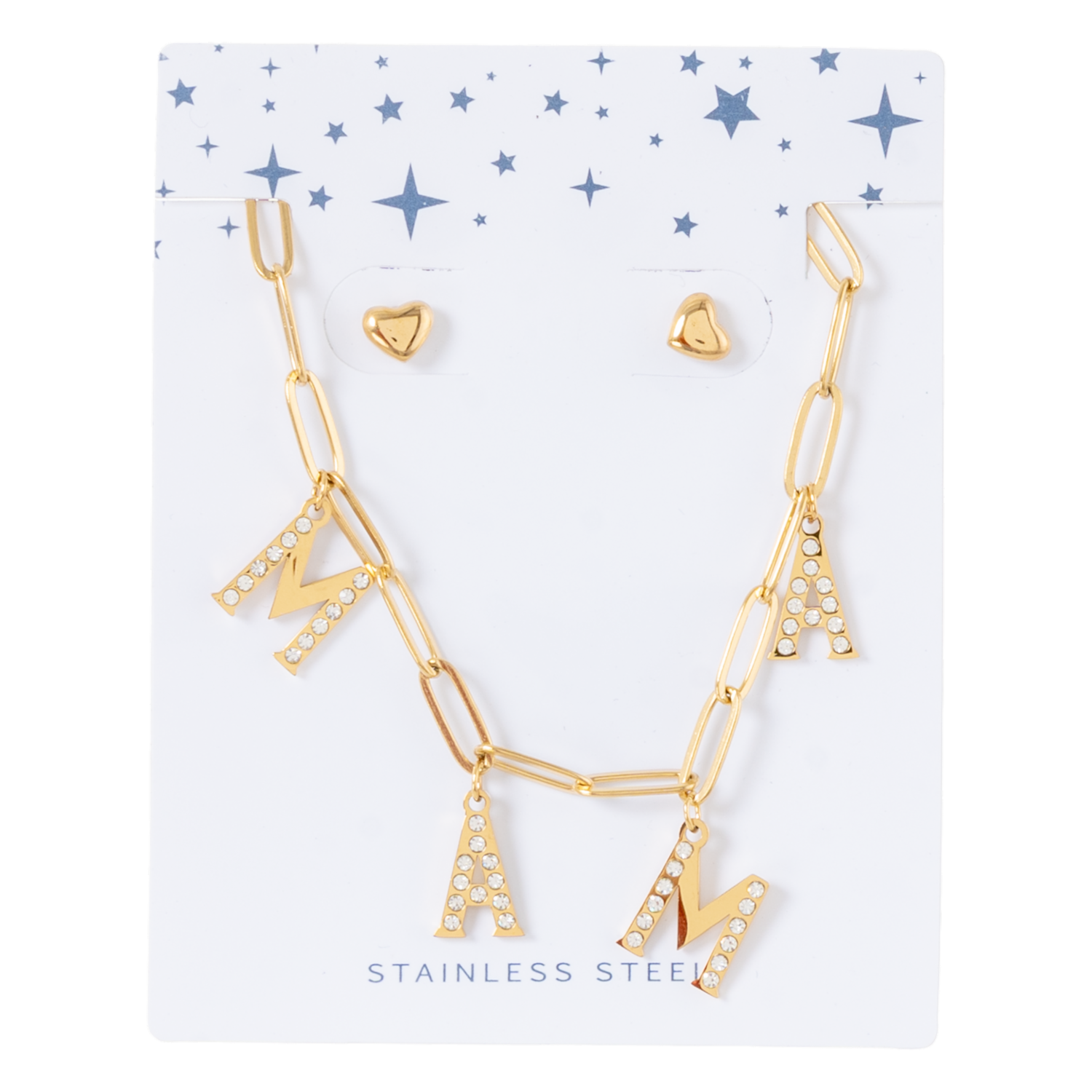 Juego De Bisutería Cadena Y Aretes Acero Inoxidable Diseño Mamá Con Brillo Dorado TECNO STEEL 3 Piezas