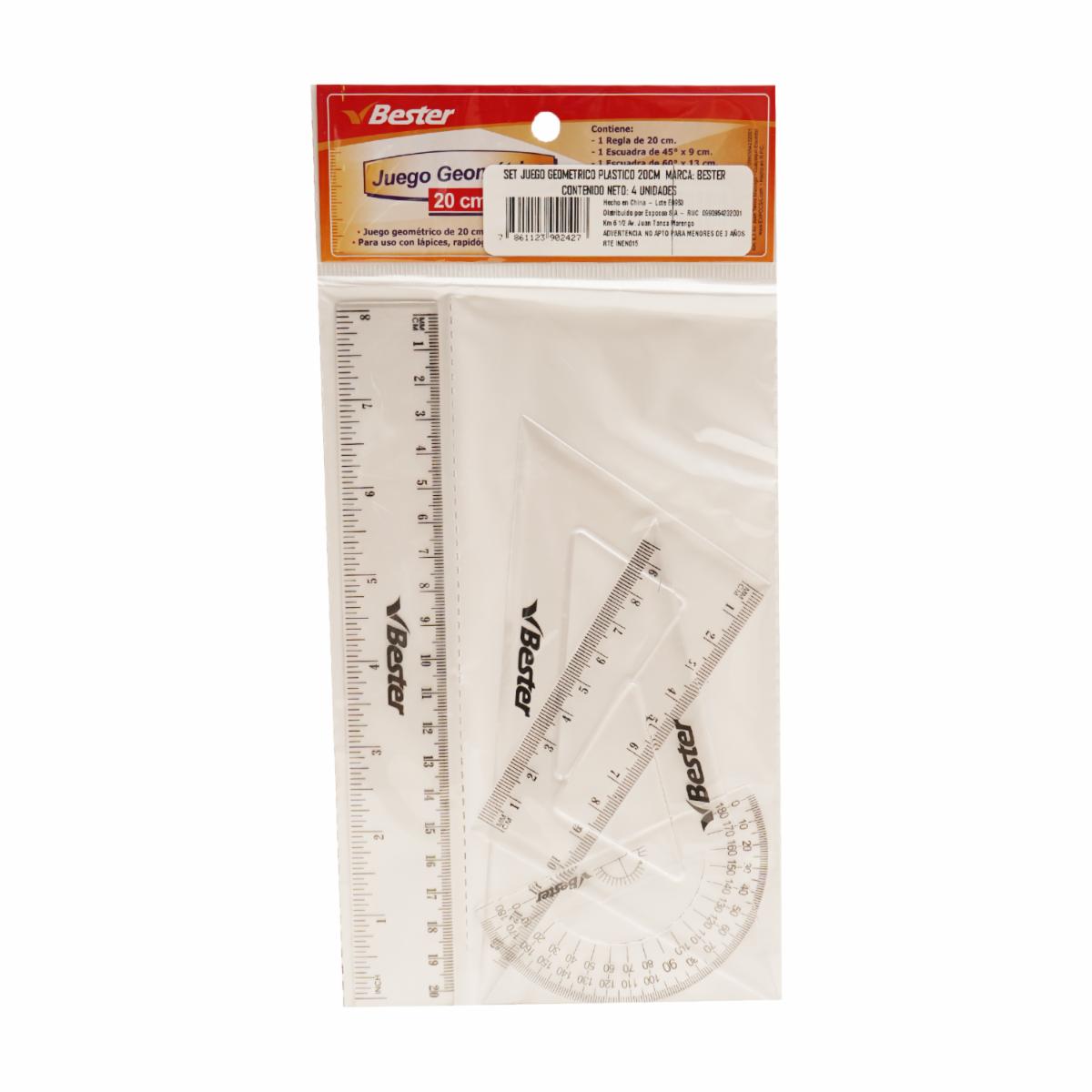 Juego Geométrico Plástico 20 Cm BESTER 4 Piezas