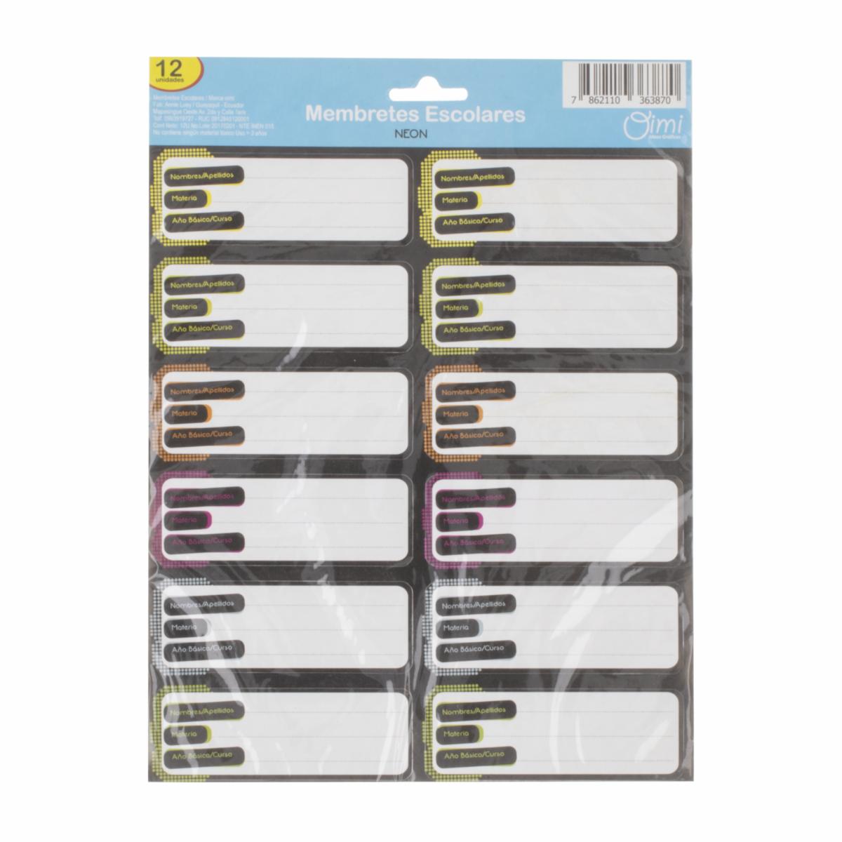 Membretes Escolares Adhesivos Neón – Neutral OIMI X12 Uds