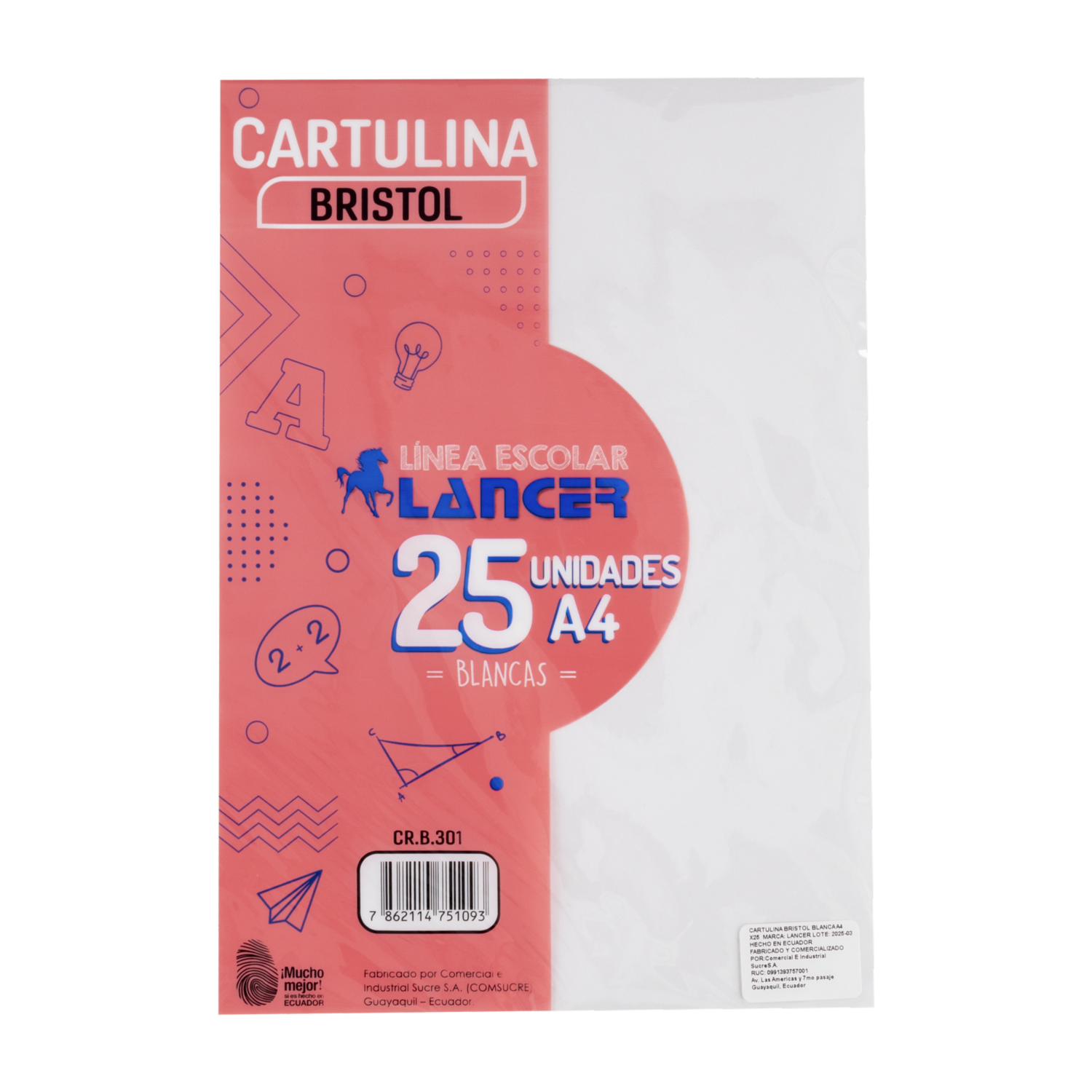 Cartulina Bristol A4 Blanca LANCER 25 Piezas