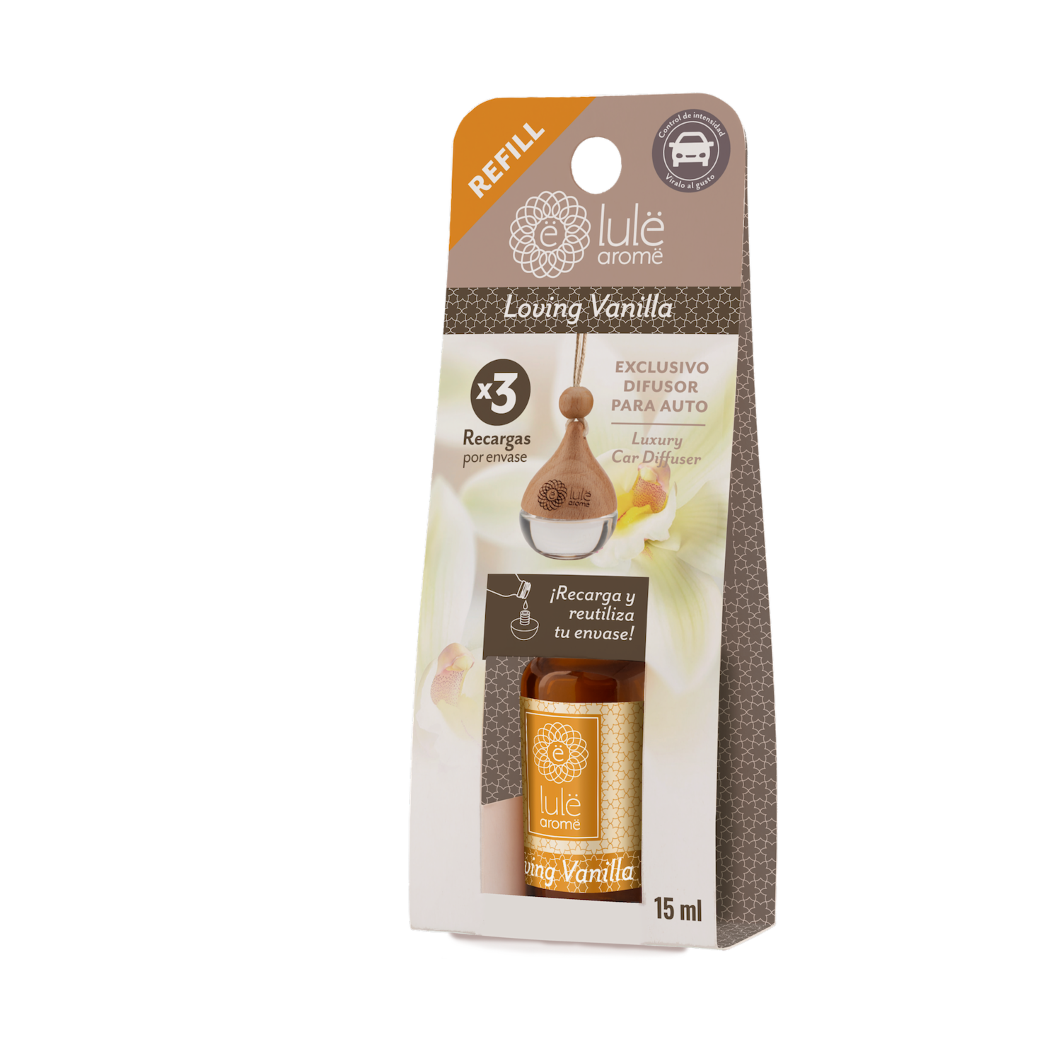 Difusor Ambiental Para Auto Recarga Fragancia Loving Vainilla LULË AROMË 15 Ml