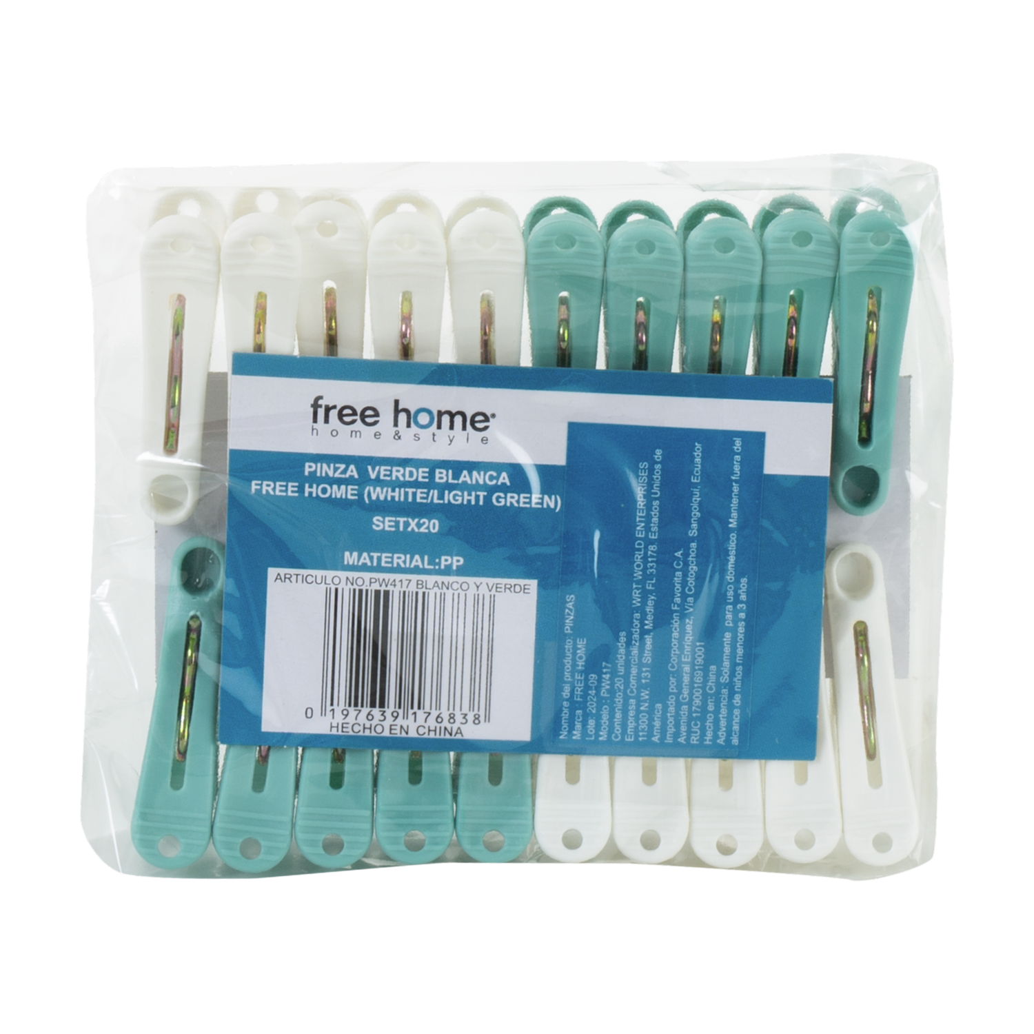 Pinzas Para Ropa Verde Blanca FREE HOME X 20 Uds