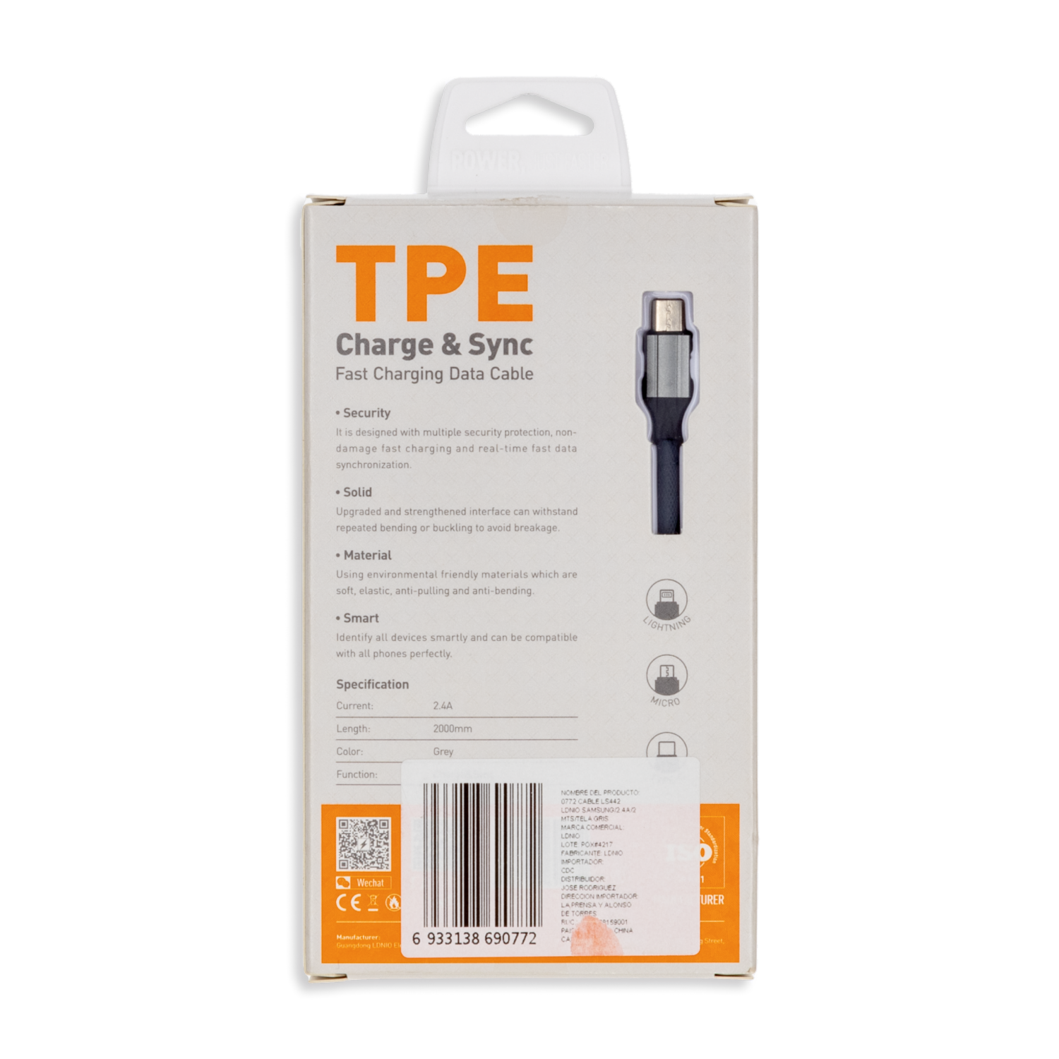 Cable De Carga Rápida USB 2.0  A USB-C LDNIO 2 M
