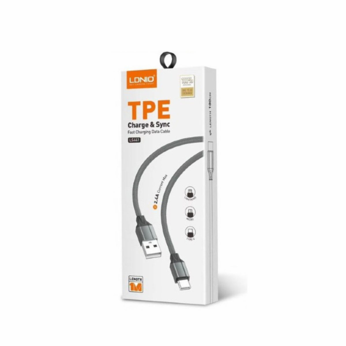 Cable De Carga Rápida Y Datos Tipo C 1M Gris LDNIO 2,4 A