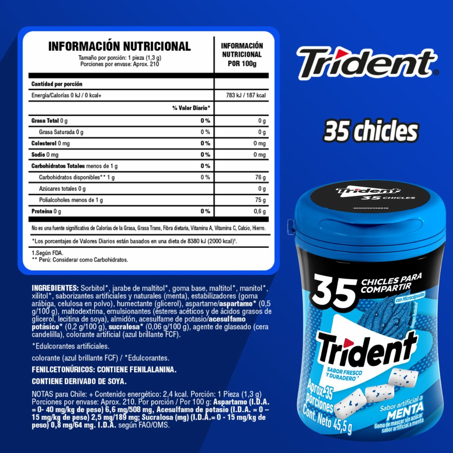 Chicles Sabor A Menta Sin Azúcar TRIDENT 45.50 G
