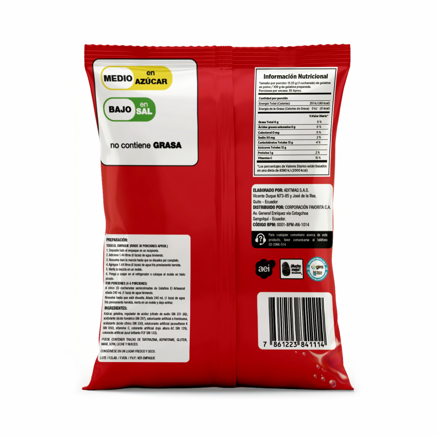 Gelatina En Polvo Sabor Frambuesa EL ARTESANAL 400 G