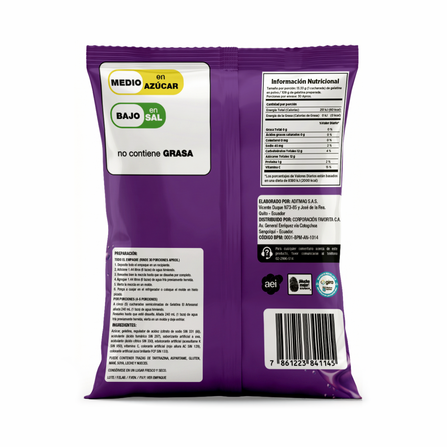 Gelatina En Polvo Sabor Uva EL ARTESANAL 400 G