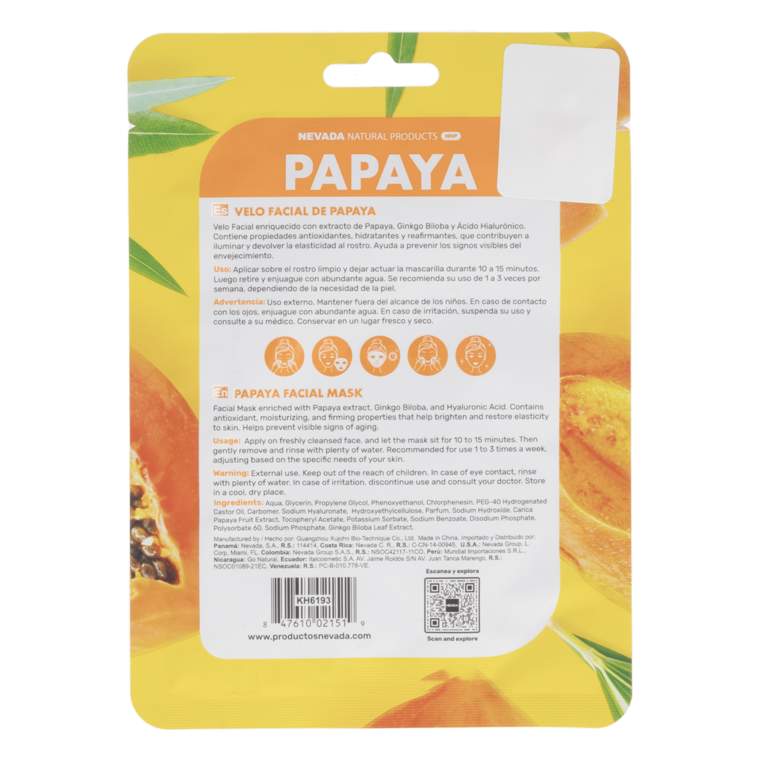 Mascarilla Facial De Con Ácido Hialurónico Papaya NEVADA Unidad