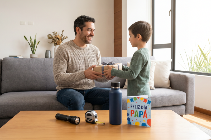 Papá e hijo celebrando el Día del Padre con regalos prácticos y accesorios disponibles en Dollar Store Ecuador.
