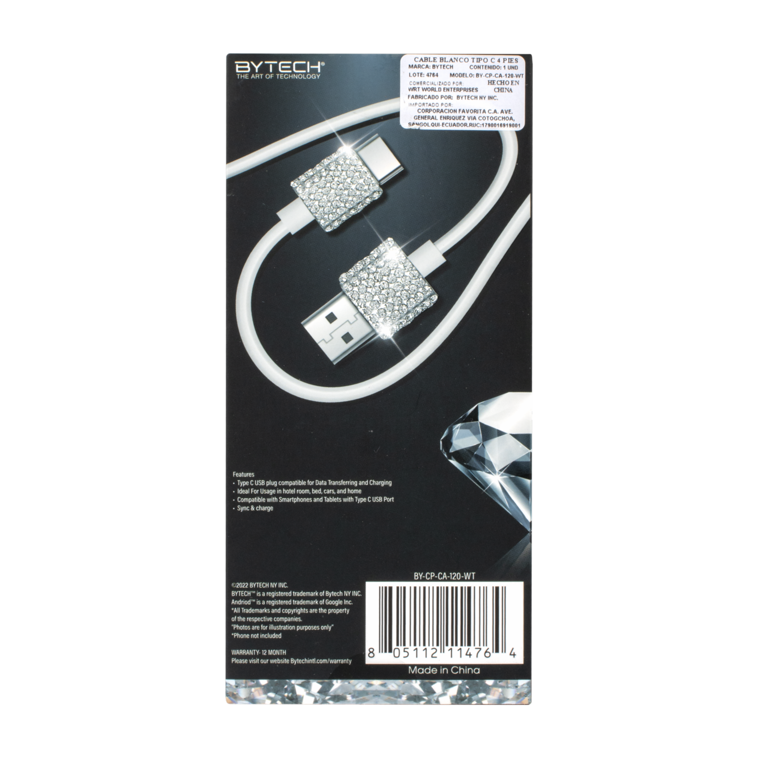 Cable De Carga Tipo C Rhinestone BYTECH 1.21 M