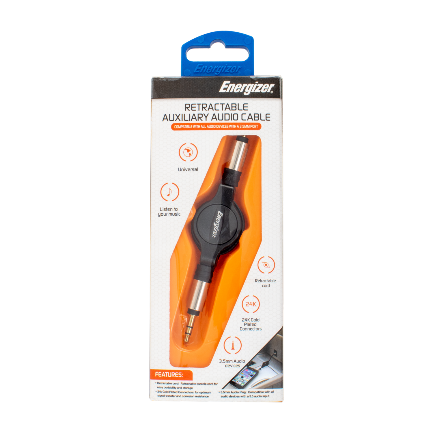 Cable Auxiliar Retráctil Compatible Con Todos Los Dispositivos 3.5 MM ENERGIZER Unidad