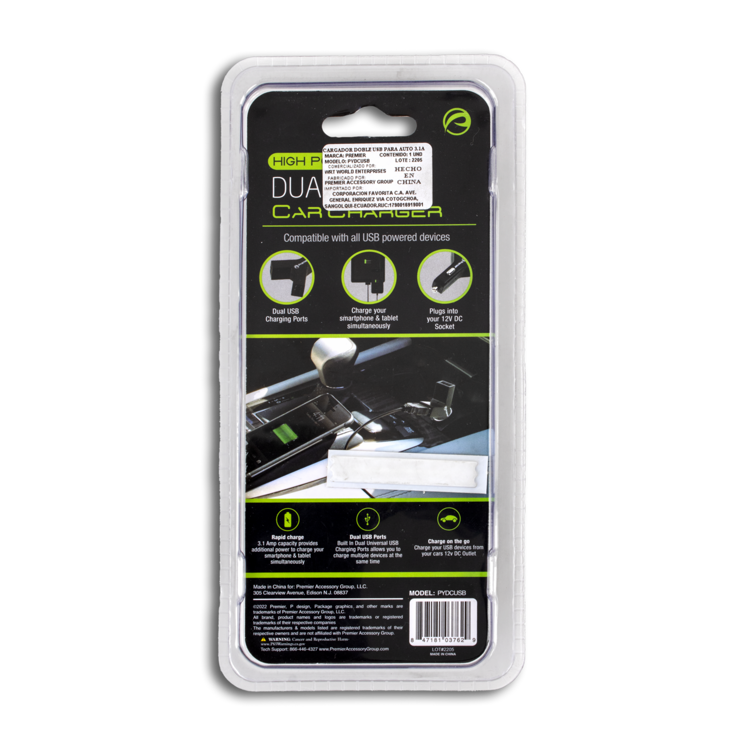 Cargador De Auto Dual USB PREMIER 3,1 Amp